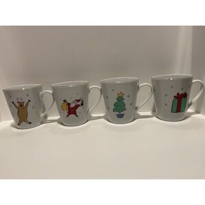 Set of 4 Merry Brite Christmas Mugs‎ Santa Reindeer Tree Gift Gold Rim